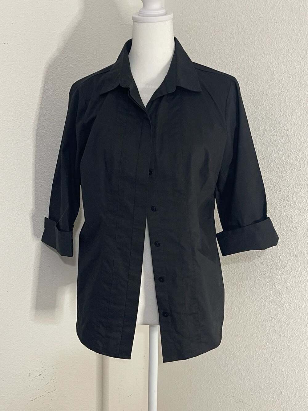 Worthington Black Button Down Shirt Womens PM Petite Medium 3/4 Sleeve Blouse